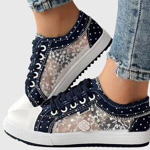 YNS Generic Navy & White Lace-Panel Women's Sneakers